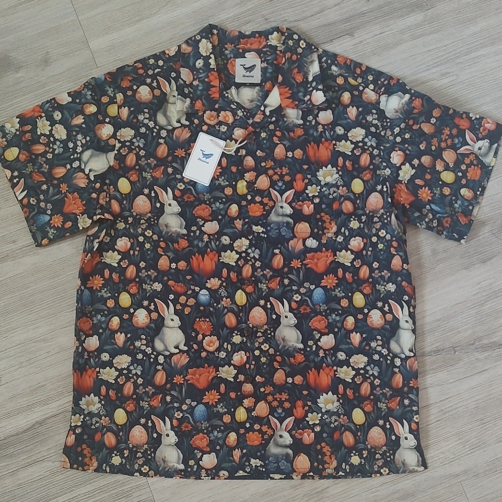 NWT YIUME HAWAII Men's Short Sleeve Button Up Shirt Navy and Orange Size Medium - Picture 2 of 11